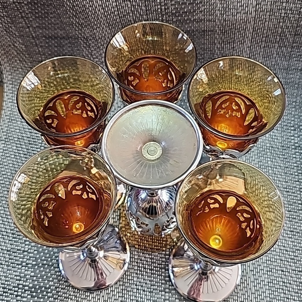 Vintage Farber Brothers Amber Silver Stems Glassware 6 Cordial Sherry Glasses - Picture 5 of 10